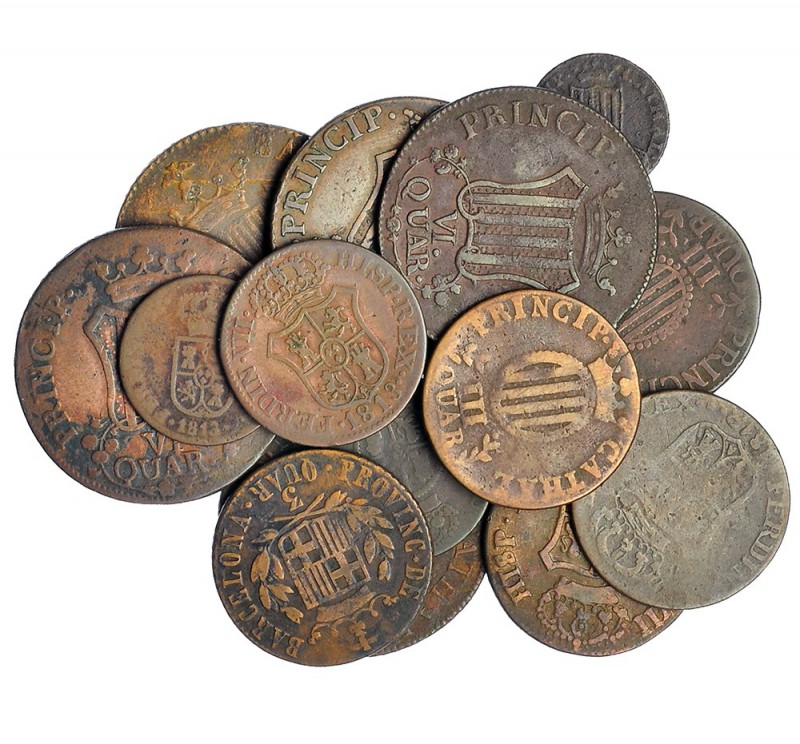 Colección de 14 cobres de Cataluña: Ochavo, Cuarto, cuarto y medio, 2 quartos, 3...