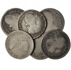 5 monedas de 1 real. Santiago, FJ: 1812, 1814, 1815, 1816 y 1817. Lima, 1813, JP. Total 6 monedas. Calidad media BC+. Muy interesante.