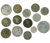 14 monedas falsas de época. De Felipe V a Fernando VII. 8 maravedís (5), real, 2 reales (5), 4 reales (2) y 8 reales. BC/MBC-.