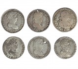 6 monedas de 1 real: Madrid, Nueva Guatemala, Potosí (2), Santiago, Sevilla. Tres con agujero y 1 con soldadura. BC+/MBC-.