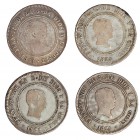 4 monedas de 10 reales. 1821. Bilbao, UG; Madrid, SR; Santander, LT y Sevilla, RD. BC+/MBC-.