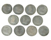 11 monedas de 8 reales diferentes. Lima (3), México (2), Potosí (5) y Zacatecas. BC+/MBC.