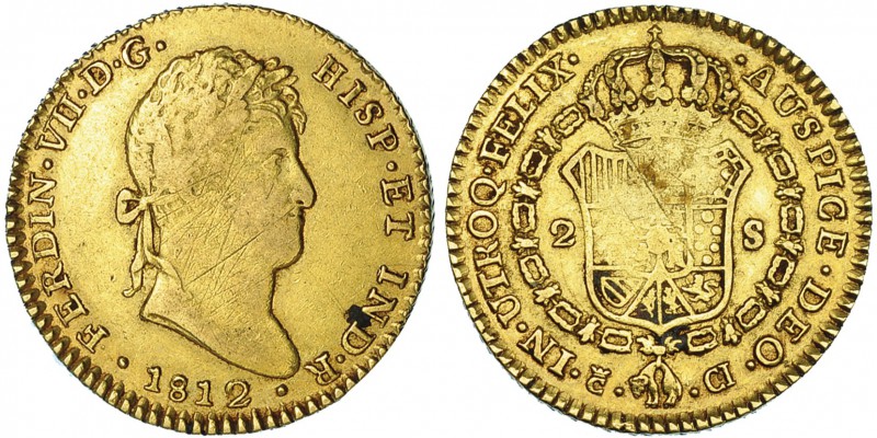 2 escudos. 1812. Cádiz. CI. VI-1397. Rayas en anv. y rev. Vano en el rev. MBC.