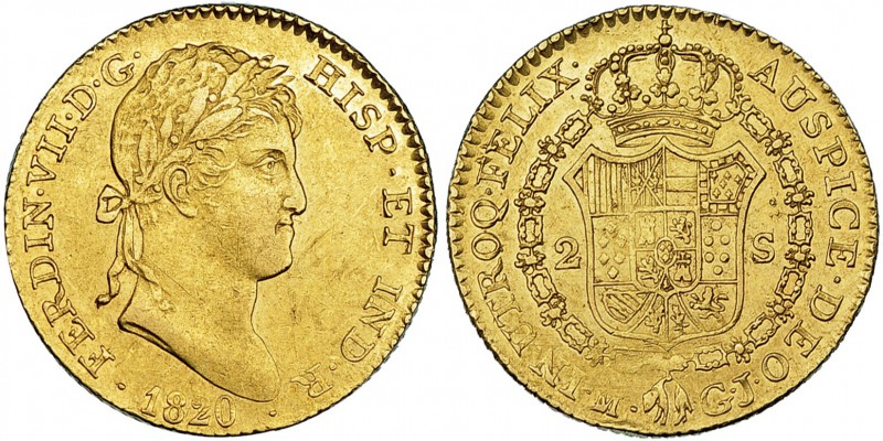 2 escudos. 1820. Madrid. GJ. VI-1343. Pequeñas marcas y golpecito en el canto. R...