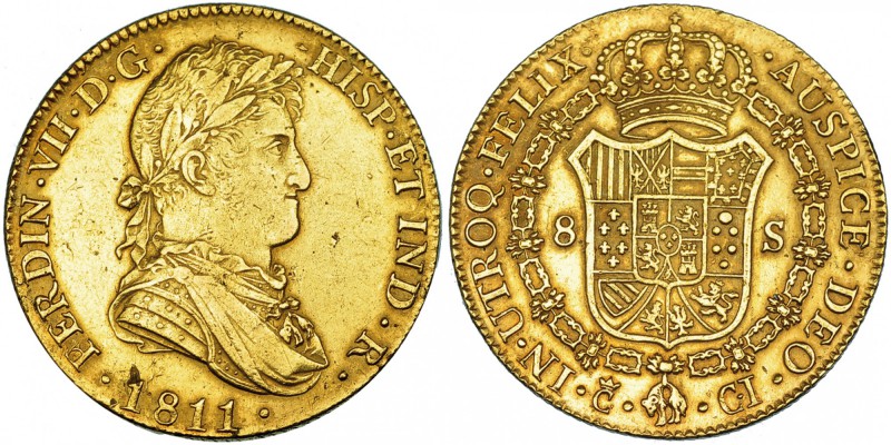 8 escudos. 1811. Cádiz. CI. VI-1447. Dos mínimas hojitas. Limpiada. MBC+. Rara....