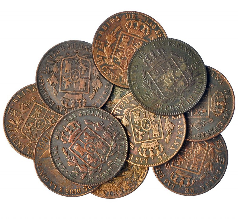 Colección de 11 monedas de 25 céntimos de real diferentes. Barcelona y Segovia (...