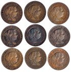 Colección de 9 monedas de 2 1/2 céntimos de escudo diferentes. Barcelona (3), Jubia (2), Segovia (2) y Sevilla (2). MBC-/MBC+.