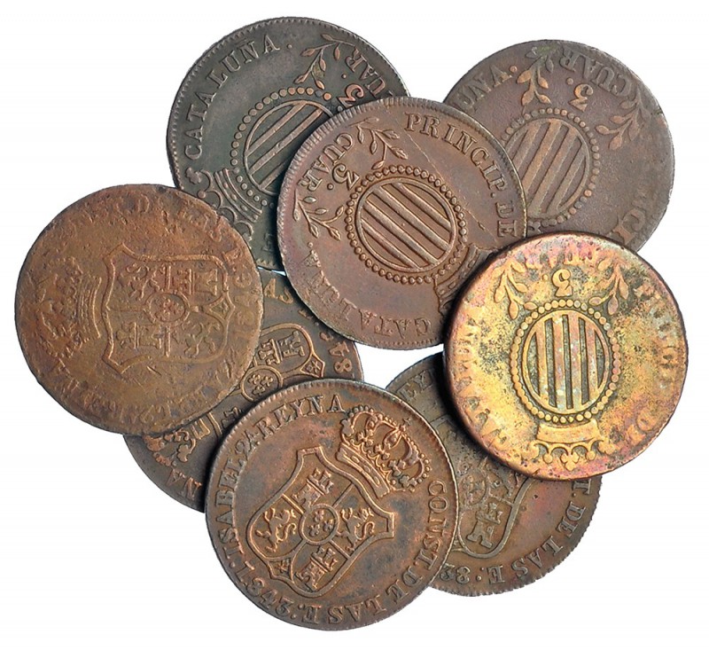 Colección de 8 monedas de 3 cuartos diferentes. 1836-1846. Barcelona. De RC a EB...