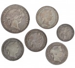 6 monedas de Manila: 10 centavos, 1868; 20 centavos, 1866, 1867 y 1868 (2); 50 centavos, 1868. BC+/MBC-.