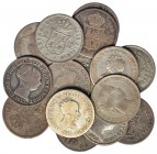 Colección de 15 monedas de 2 reales y 20 céntimos de escudo diferentes. Barcelona (2), Madrid (8) y Sevilla (5). Algunas muy escasas. De BC a EBC.
