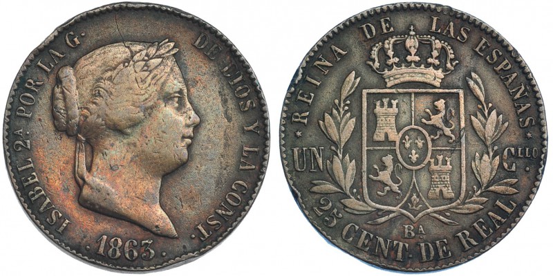 25 céntimos de real. 1863. Barcelona. VI-143. Pequeños defectos de acuñación y g...
