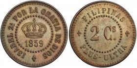 2 centavos. 1859. Manila. Prueba no adoptada. VI-241. EBC+. Muy escasa.