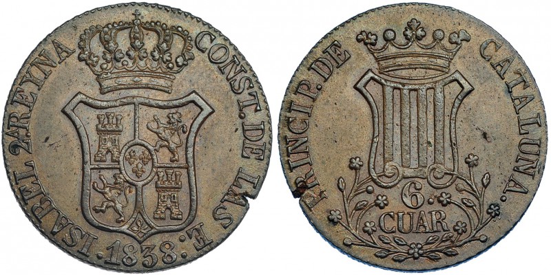 6 cuartos. 1838. Cataluña. VI-225. Defectos del cospel en el canto. EBC.