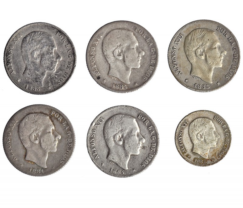 6 monedas. 20 centavos de peso (5): 1881, 1883, 1884 (2) y 1885; 10 centavos de ...