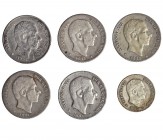 6 monedas. 20 centavos de peso (5): 1881, 1883, 1884 (2) y 1885; 10 centavos de peso, 1885. BC+/MBC-.