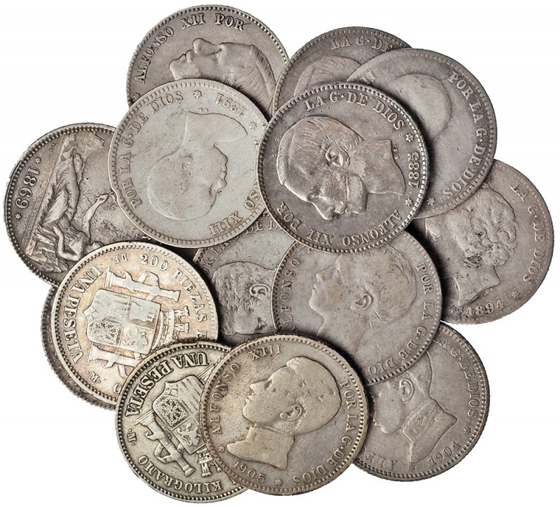 16 monedas de 1 peseta. 1869-1905. 1869, 1870 (2), 1876, 1881, 1882, 1883, 1885,...