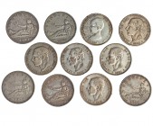 11 monedas de 2 pesetas. 1869-1889. 1869, 1870 *70, *73, *74, *75, 1879, 1881, 1882, 1883, 1884 y 1889. Casi todas con fecha en las estrellas. MBC-/MB...