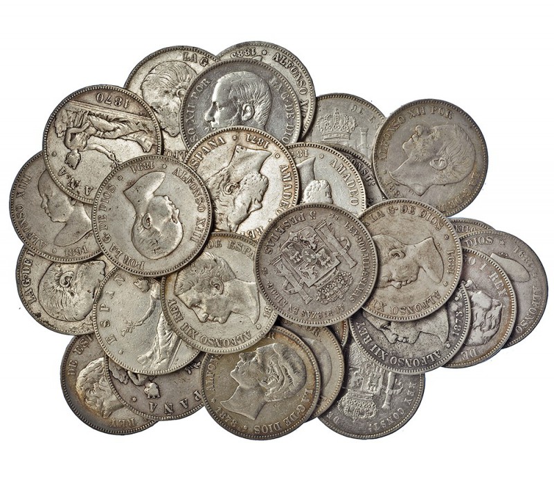 34 monedas de 5 pesetas. 1870 (7), 1871 (4), 1875 (4), 1878 (2), 1885 (10) y 189...