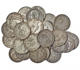 34 monedas de 5 pesetas. 1870 (7), 1871 (4), 1875 (4), 1878 (2), 1885 (10) y 1891 (7). BC+/MBC-.