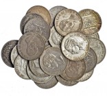Colección de 27 monedas de 5 pesetas diferentes. 1870-1898, incluye 1881. Casi todas con fechas en las estrellas. La mayoría MBC-/MBC+.