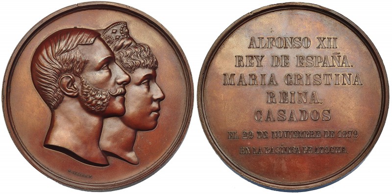 Medalla. Boda de Alfonso XII y María Cristina. 1879. Bronce 71 mm. Grabador: G. ...