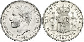 2 pesetas. 1881 *18-81. Madrid. MSM. VII-71. B.O. EBC+. Rara en esta conservación.