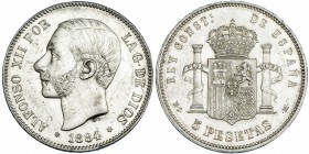 5 pesetas. 1884 *18-84. Madrid. MSM. VII-90. Pequeñas marcas. EBC/EBC-.