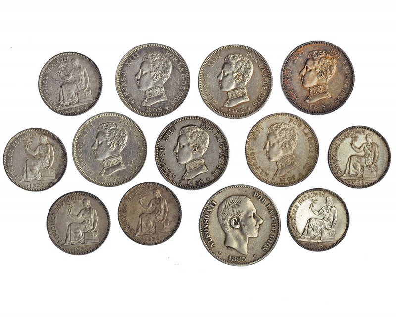 13 monedas: 2 pesetas (6), 1905; peseta (6), 1933 *3-4; 50 centavos de peso, 188...
