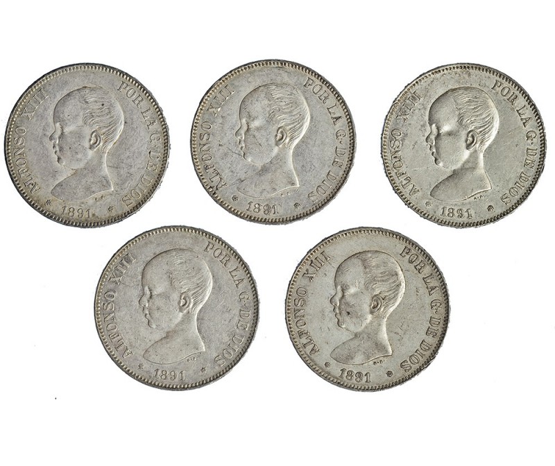 5 monedas de 5 pesetas. 1891 *18-91. Madrid. PGM. VII-182. MBC+.