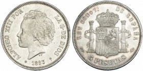 5 pesetas. 1893 *18-93. Madrid. PGL. VII-185. Pequeñas marcas en el anv. SC.