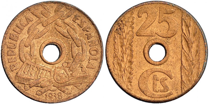 25 céntimos. 1938. Rev. girado 180º sobre el eje horizontal. VII-212 vte. B.O. S...