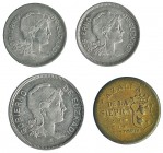 4 monedas: 10 céntimos, Cazalla de la Sierra; peseta (2) y 2 pesetas, 1937, Euzkadi. De MBC a EBC-.
