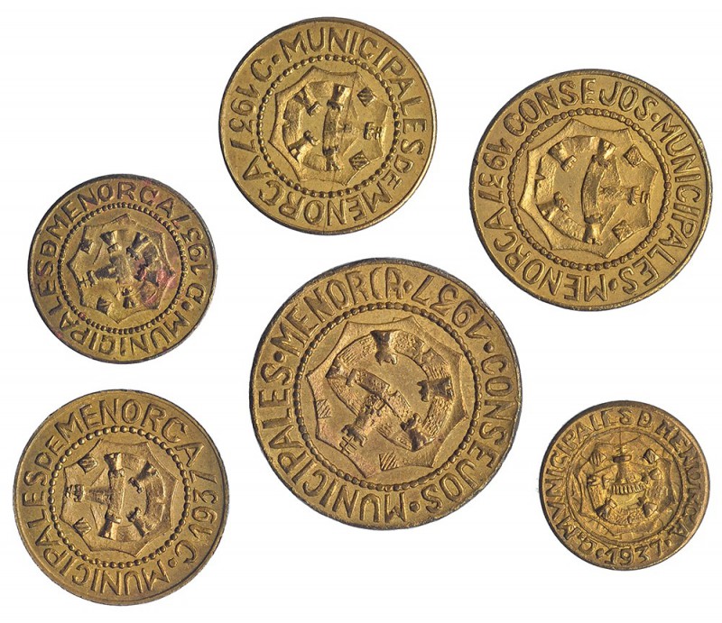 Menorca. 1937. 5, 10 y 25 céntimos (2), 1 y 25 pesetas. Total 6 monedas. VII-250...