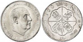 100 pesetas. 1966 *19-70. Cospel mucho mas fino de lo normal con un peso de 12,22 g. VII-407 vte. Defectos de acuñación por el poco grosor del cospel....