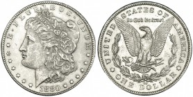 ESTADOS UNIDOS DE AMÉRICA. Dólar. 1880. CC. KM-110. Siete plumas en la cola. SC. Escasa.
