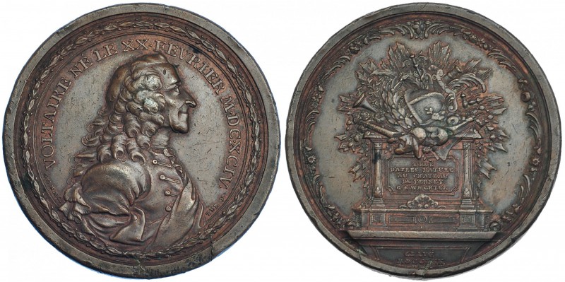 FRANCIA. Medalla conmemorativa del nacimiento de Voltaire (1664). 1770. AE 59 mm...