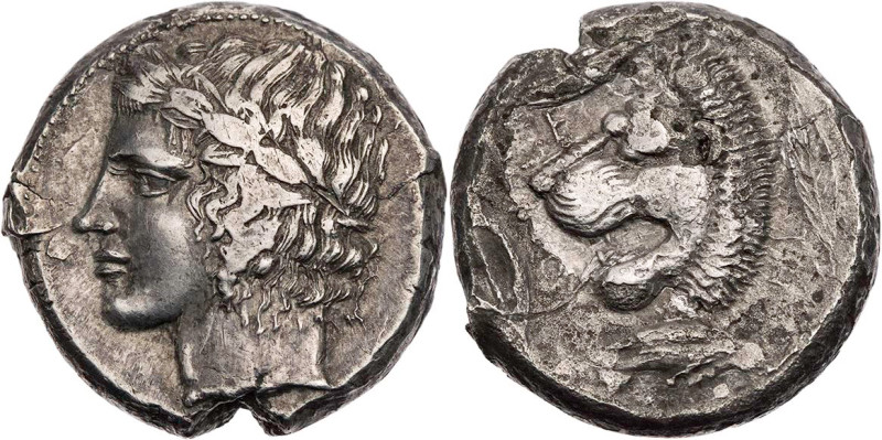 SIZILIEN LEONTINOI
 AR-Tetradrachme 430-425 v. Chr. Vs.: Kopf des Apollon mit L...