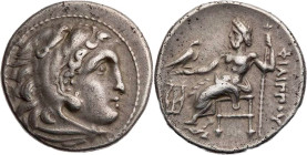 MAKEDONIEN, KÖNIGREICH
Philipp III. Arrhidaios, 323-317 v. Chr. AR-Drachme 323-319 v. Chr. Kolophon Vs.: Kopf des Herakles mit Löwenskalp n. r., Rs.:...