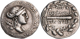 MAKEDONIEN, RÖMISCHES PROTEKTORAT
 AR-Tetradrachme 167/158-149 v. Chr. (Amphipolis für die) Erste Zone Vs.: Kopf der Artemis mit Köcher und Bogen übe...