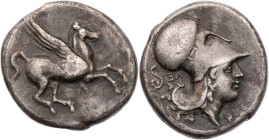 AKARNANIEN LEUKAS
 AR-Stater 350-320 v. Chr. Vs.: Pegasos fliegt n. r., darunter Lambda, Rs.: Kopf der Athena mit korinthischem Helm n. r., dahinter ...