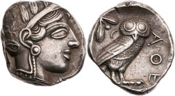 ATTIKA ATHEN
 AR-Tetradrachme 420-405 v. Chr. Vs.: Kopf der Athena mit Helm und Lorbeer n. r., Rs.: Eule steht n. r., Kopf v. v., links oben Ölzweig ...