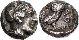ATTIKA ATHEN
 AR-Drachme (subärat) 406/5 v. Chr. Notemission während des Peloponnesischen Krieges Vs.: Kopf der Athena mit Helm und Lorbeer n. r., Rs...