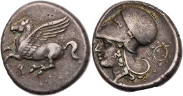 KORINTHIA KORINTH
 AR-Stater 345-307 v. Chr. Vs.: Pegasos fliegt n. l., darunter Koppa, Rs.: Kopf der Athena mit korinthischem Helm n. l., rechts Kra...