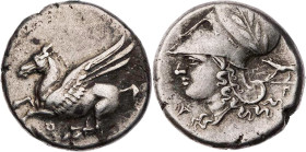 KORINTHIA KORINTH
 AR-Stater 345-307 v. Chr. Vs.: Pegasos fliegt n. l., darunter Koppa, Rs.: Kopf der Athena mit korinthischem Helm n. l., rechts Wil...