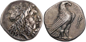 ELIS OLYMPIA
 AR-Stater 268-252 v. Chr. Vs.: Kopf des Zeus mit Lorbeerkranz n. r., unter dem Halsabschnitt AP, Rs.: F - A, Adler steht n. r., rechts ...