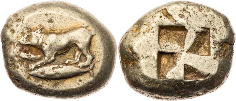 MYSIEN KYZIKOS
 EL-Stater 550-450 v. Chr. Vs.: Hund steht auf Thunfisch n. l., ...