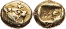 LYDIEN KÖNIGREICH
Alyattes, 610-561 v. Chr. EL-Trite Sardeis Vs.: Löwenkopf mit "Warze" n. r., Rs.: zwei unterschiedlich große quadrata incusa GRPC L...