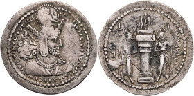 SASANIDEN
Shapur I., 240-270 n. Chr. AR-Hemidrachme Vs.: Büste in Ornat mit Krone n. r., Rs.: Feueraltar zwischen zwei Wächtern SNS Typ IIc/1a, Style...
