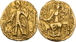 KUSHAN KÖNIGREICH
Vasudeva II., um 267-300 n. Chr. AV-Dinar Mathura/Gandhara Vs.: nimbierter König steht in Ornat n. l. und opfert an Altar, links im...