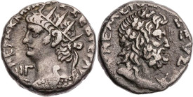 ÄGYPTEN ALEXANDRIA
Nero, 54-68 n. Chr. BI-Tetradrachme 66/67 n. Chr. (= Jahr 13) Vs.: Büste mit Ägis und Strahlenkrone n. l., links im Feld Jahresang...